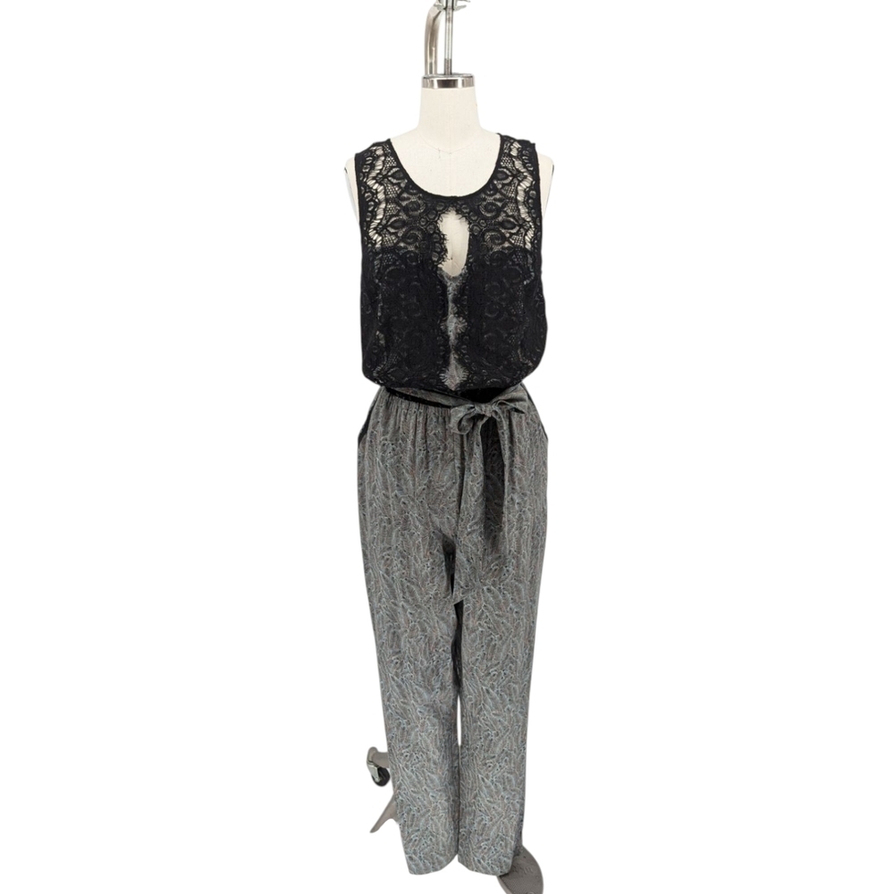 00414 Elevenses Feather Lace Jumpsuit Gray Black size 10 bohemian western casual